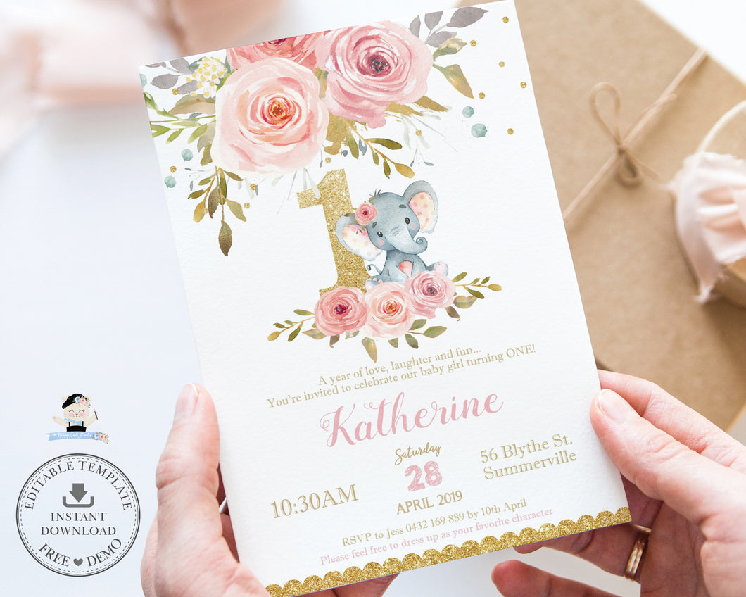 Cute Baby Elephant 1st Birthday Party Blush Pink Floral Gold Glitter Invitation Editable Template - Digital Printable File - Instant Download - PK2