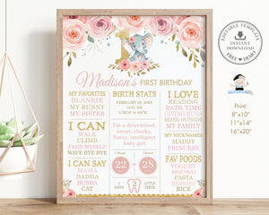 Cute Baby Elephant Pink Floral 1st Birthday Milestone Sign Birth Stats Editable Template - Digital Printable File - Instant Download - PK2