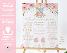 Load image into Gallery viewer, Cute Baby Elephant Pink Floral 1st Birthday Milestone Sign Birth Stats Editable Template - Digital Printable File - Instant Download - PK2