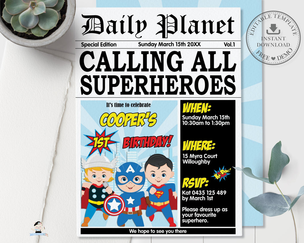 Superhero Boys Comic Birthday Daily Planet Invitation - Editable Template - Digital Printable File - Instant Download - HP2