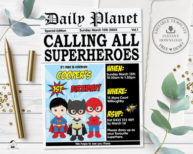 Cute Superhero Birthday Party Invitation Editable Template - Digital Printable File - Instant Download - HP2