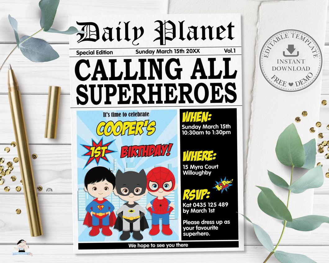 Cute Superhero Birthday Party Invitation Editable Template - Digital Printable File - Instant Download - HP2