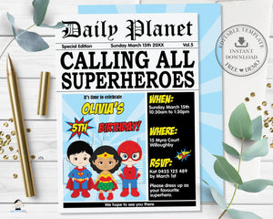 Superhero Boys Girls Daily Planet Newspaper Style Invitation Editable Template - Digital Printable File - Instant Download - HP2