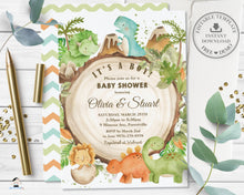 Load image into Gallery viewer, Cute Friendly Dinosaurs Greenery Baby Shower Invitation Editable Template - Digital Printable File - Instant Download - DS1