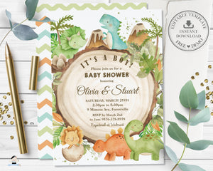 Cute Friendly Dinosaurs Greenery Baby Shower Invitation Editable Template - Digital Printable File - Instant Download - DS1
