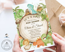 Load image into Gallery viewer, Cute Friendly Dinosaurs Greenery Baby Shower Invitation Editable Template - Digital Printable File - Instant Download - DS1