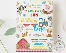 Load image into Gallery viewer, Cute Farm Animals Barnyard Fun 1st Birthday Party Invitation Editable Template - Digital Printable File - Instant Download - BY4