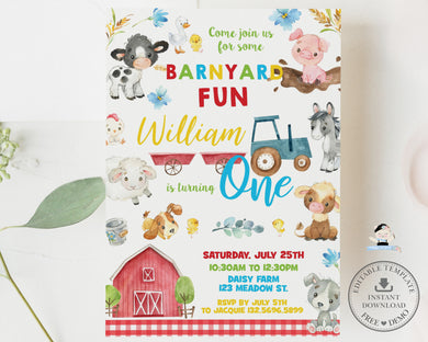 Cute Farm Animals Barnyard Fun 1st Birthday Party Invitation Editable Template - Digital Printable File - Instant Download - BY4