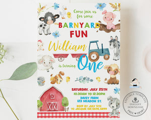 Cute Farm Animals Barnyard Fun 1st Birthday Party Invitation Editable Template - Digital Printable File - Instant Download - BY4