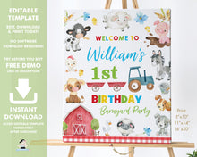 Load image into Gallery viewer, Cute Colorful Farm Barnyard Animals Birthday Party Welcome Sign - Editable Template - Digital Printable File - Instant Download - BY4