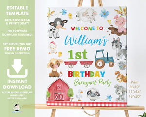 Cute Colorful Farm Barnyard Animals Birthday Party Welcome Sign - Editable Template - Digital Printable File - Instant Download - BY4