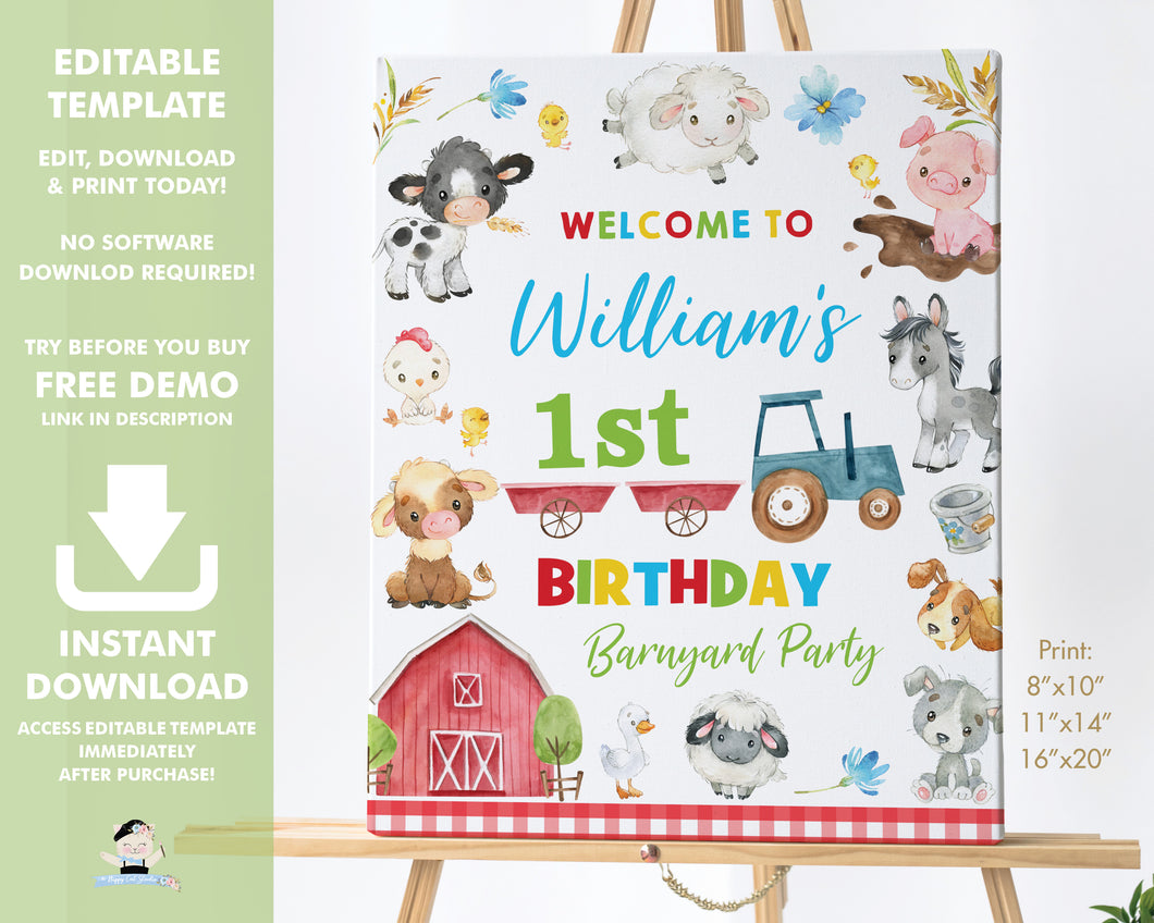 Cute Colorful Farm Barnyard Animals Birthday Party Welcome Sign - Editable Template - Digital Printable File - Instant Download - BY4