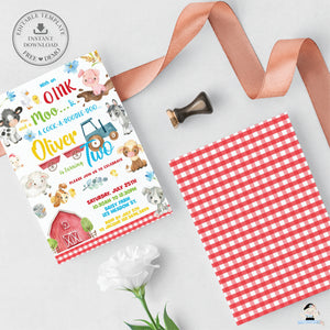 Cute Farm Animals Barnyard 2nd Birthday Party Invitation Editable Template - Digital Printable File - Instant Download - BY4
