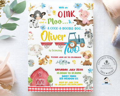Cute Farm Animals Barnyard 2nd Birthday Party Invitation Editable Template - Digital Printable File - Instant Download - BY4