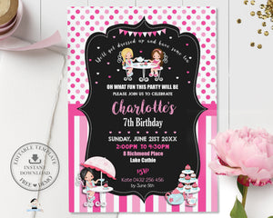 Cute Girls Tea Party Birthday Invitation Editable Template - Instant Download - Digital Printable File