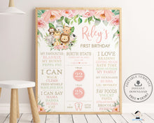 Load image into Gallery viewer, Cute Jungle Animals Pink Floral 1st Birthday Milestone Sign Birth Stats Editable Template - Instant Download - Digital Printable File - JA3