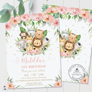 Cute Pink Floral Jungle Animals 1st Birthday Invitation - Editable Template - Digital Printable File - Instant Download - JA3