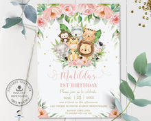 Load image into Gallery viewer, Cute Pink Floral Jungle Animals 1st Birthday Invitation - Editable Template - Digital Printable File - Instant Download - JA3