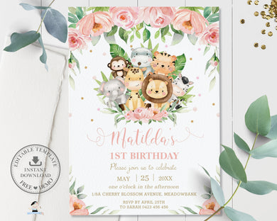 Cute Pink Floral Jungle Animals 1st Birthday Invitation - Editable Template - Digital Printable File - Instant Download - JA3