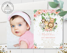 Load image into Gallery viewer, Cute Pink Floral Jungle Animals Birthday Photo Invitation - Editable Template - Digital Printable File - Instant Download - JA3