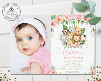 Cute Pink Floral Jungle Animals Birthday Photo Invitation - Editable Template - Digital Printable File - Instant Download - JA3