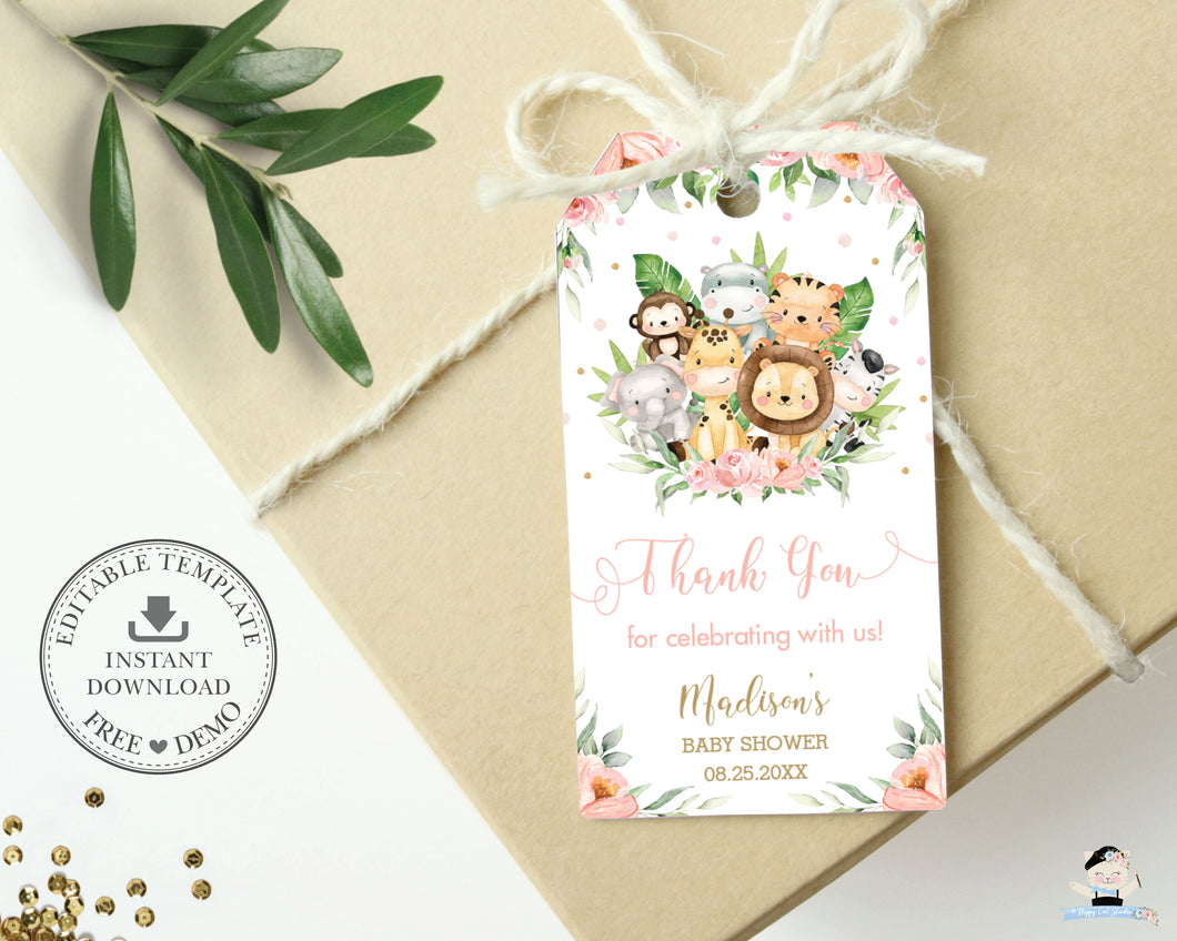 Cute Pink Floral Jungle Animals Birthday Baby Shower Thank You Favor Tags - Editable Template - Digital Printable File - Instant Download - JA3