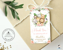 Load image into Gallery viewer, Cute Pink Floral Jungle Animals Birthday Baby Shower Thank You Favor Tags - Editable Template - Digital Printable File - Instant Download - JA3
