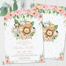 Load image into Gallery viewer, Cute Pink Floral Jungle Animals Baby Shower Invitation - Editable Template - Digital Printable File - Instant Download - JA3