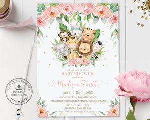 Cute Pink Floral Jungle Animals Baby Shower Invitation - Editable Template - Digital Printable File - Instant Download - JA3