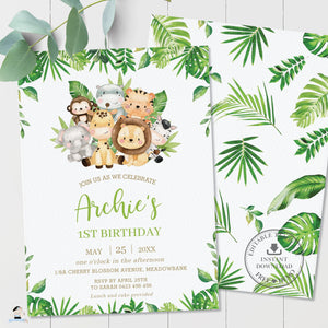 Cute Greenery Jungle Animals Safari Birthday Invitation - Editable Template - Digital Printable File - Instant Download - JA2
