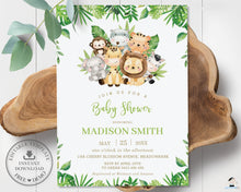 Load image into Gallery viewer, Cute Greenery Jungle Animals Safari Baby Shower Invitation - Editable Template - Digital Printable File - Instant Download - JA2