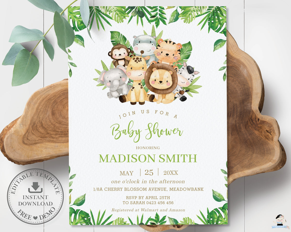 Cute Greenery Jungle Animals Safari Baby Shower Invitation - Editable ...