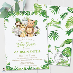 Cute Greenery Jungle Animals Safari Baby Shower Invitation - Editable Template - Digital Printable File - Instant Download - JA2