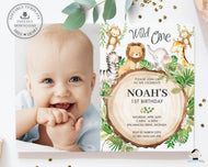 Cute Jungle Animals Greenery Photo Invitation Birthday Party Editable Template - Digital Printable File - Instant Download - JA1