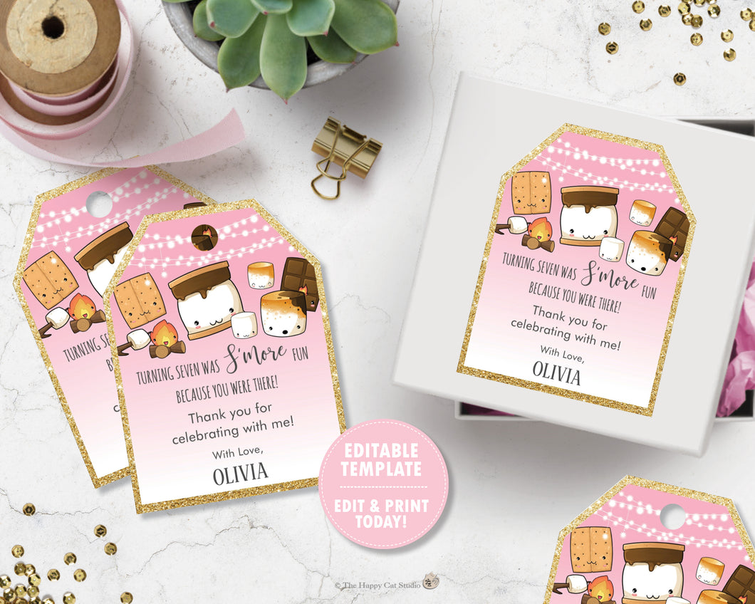 Cute Kawaii S'mores Birthday Thank You Favor Tags Editable Template - Digital Printable File - Instant Download - KW1