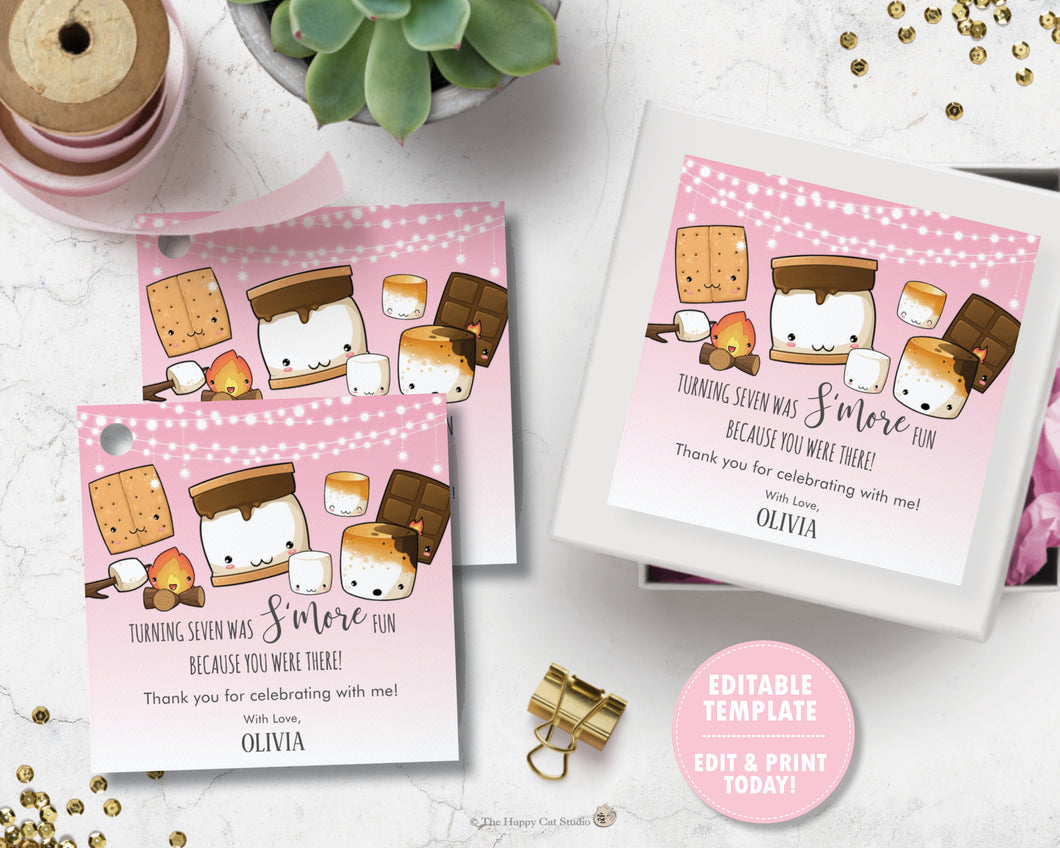 Cute Kawaii S'mores Bonfire Campfire Birthday Thank You Favor Tag Editable Template - Digital Printable File - Instant Download - KW1
