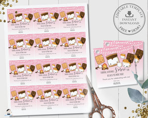 Cute Kawaii S'mores Bonfire Campfire Birthday Thank You Favor Tag Editable Template - Digital Printable File - Instant Download - KW1