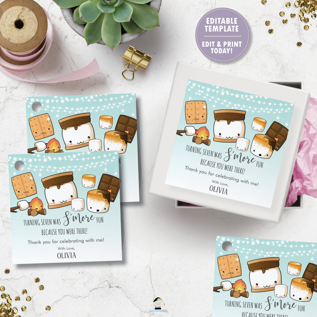 Cute Kawaii S'mores Camping Bonfire Birthday Thank You Favor Tags Editable Template - Digital Printable File - Instant Download - KW1