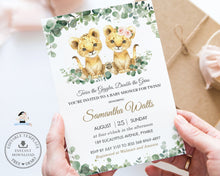 Load image into Gallery viewer, Chic Greenery Twins Boy Girl Lion Cubs Baby Shower Invitation Editable Template - Digital Printable Files - Instant Download - LN3