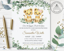 Load image into Gallery viewer, Chic Greenery Twins Boy Girl Lion Cubs Baby Shower Invitation Editable Template - Digital Printable Files - Instant Download - LN3