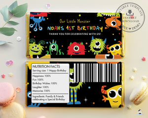 Vibrant Cute Monsters Birthday Hershey's Aldi Chocolate Wrapper Editable Template - Digital Printable File - Instant Download - ME1