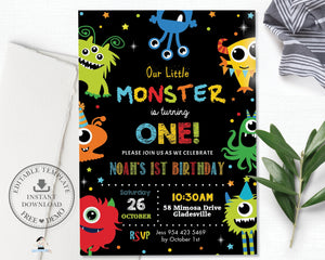 Vibrant Cute Cartoon Monsters Birthday Invitation Editable Template - Digital Printable File - Instant Download - ME1