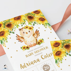 Cute Owl Sunflower Floral Baby Shower Invitation Editable Template - Digital Printable File - Instant Download - OW8