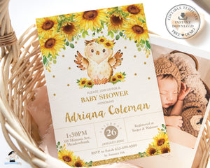 Cute Owl Sunflower Floral Baby Shower Invitation Editable Template - Digital Printable File - Instant Download - OW8