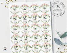 Load image into Gallery viewer, Cute Panda Bear 2&quot; Circle Labels EDITABLE TEMPLATE , Pink Floral Greenery Thank You Sticker Favors Tags Cupcake Printable, Baby Shower, Birthday PA2