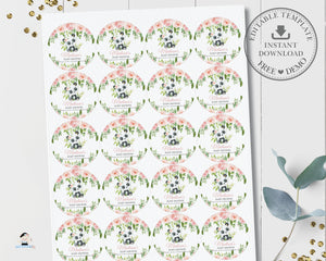 Cute Panda Bear 2" Circle Labels EDITABLE TEMPLATE , Pink Floral Greenery Thank You Sticker Favors Tags Cupcake Printable, Baby Shower, Birthday PA2