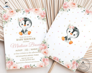 Cute Penguin Soft Pastel Blush Pink Floral Girl Baby Shower Invitation, EDITABLE TEMPLATE, Antarctic Animals Diy Invite INSTANT DOWNLOAD PN1