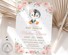 Load image into Gallery viewer, Cute Penguin Soft Pastel Blush Pink Floral Girl Baby Shower Invitation, EDITABLE TEMPLATE, Antarctic Animals Diy Invite INSTANT DOWNLOAD PN1