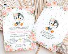 Load image into Gallery viewer, Cute Penguin Soft Pastel Blush Pink Floral Girl Baptism Christening Invitation, EDITABLE TEMPLATE, Antarctic Animals Diy Invite INSTANT DOWNLOAD PN1