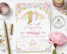 Load image into Gallery viewer, Cute Rainbow Unicorn 1st First Birthday Party Turning One Invitation Editable Template - Digital Printable File - Instant Download - UB3